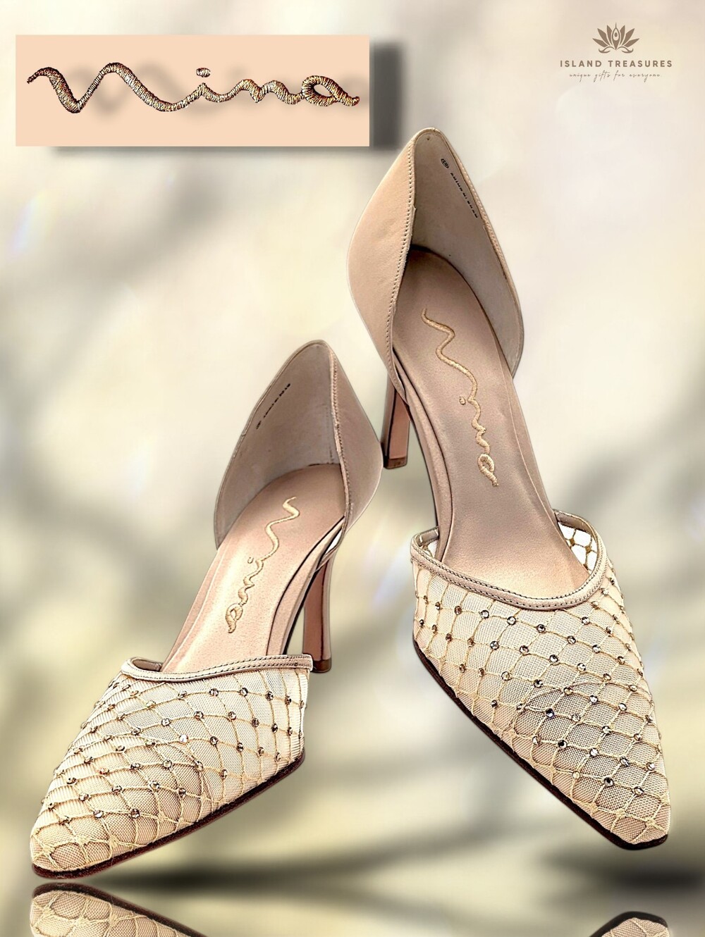 Nina Size 7.5M Pointed-Toe d'Orsay Pumps Crystal Embellished Mesh Heels Stiletto